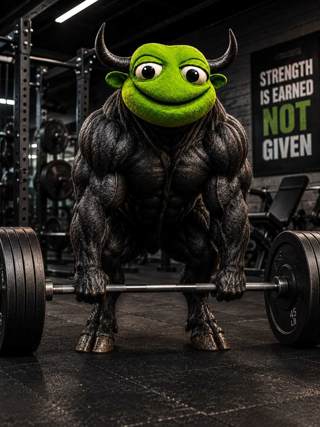 BullToad deadlifting a loaded barbell in a gym
