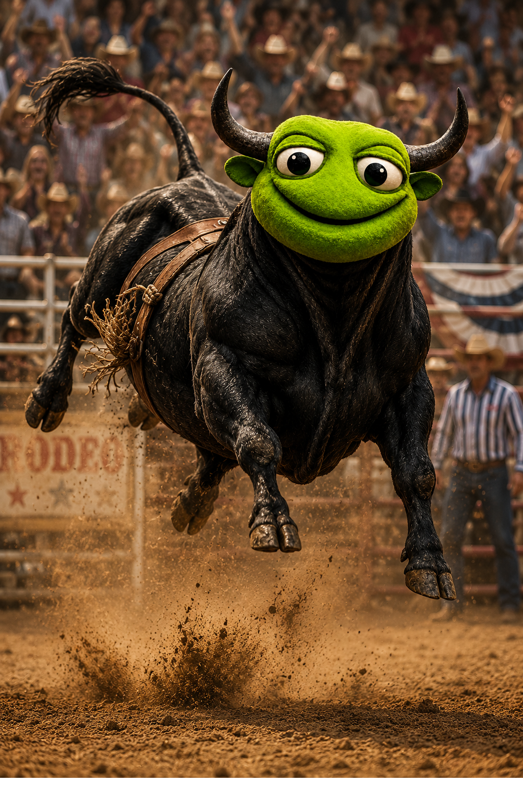 BullToad bucking mid-air at a rodeo