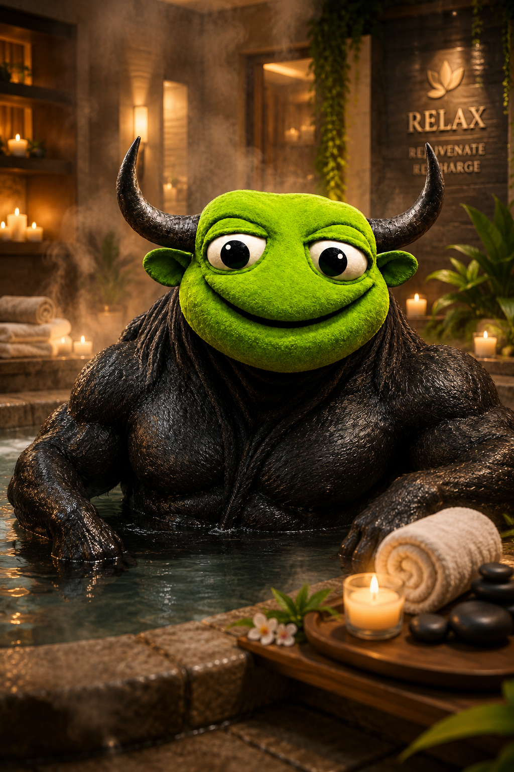BullToad relaxing in a candlelit spa pool
