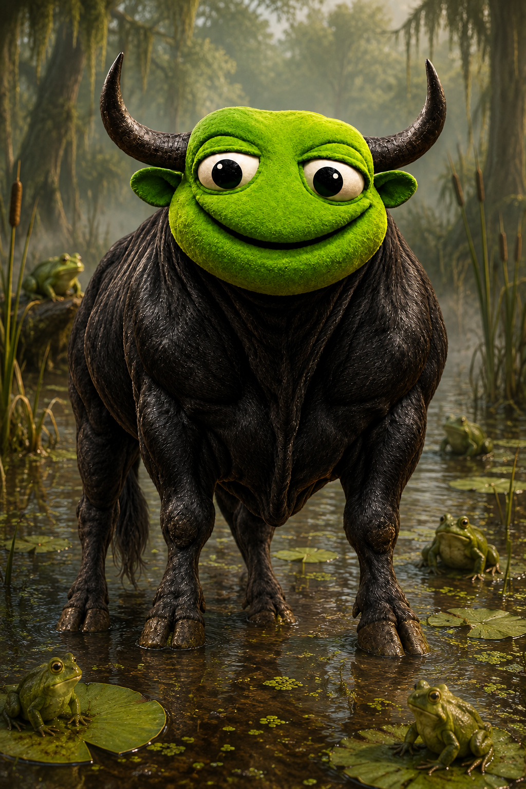 BullToad standing in his home swamp surrounded by frogs